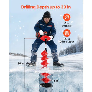 Ice Auger Drill Bit, 8in Diameter 39in Length, Cordless Nylon Ice Fishing Augers With Extra 13.4in Extension Rod, Drill Adapter, Top Plate and Blade Guard