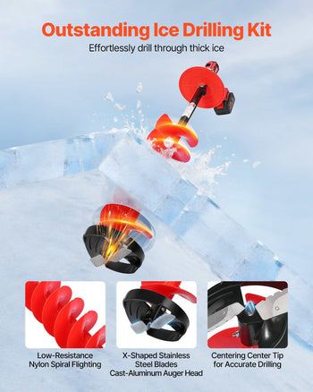 Ice Auger Drill Bit, 8in Diameter 41in Length, Cordless Nylon Ice Fishing Augers With Extra 13.4in Extension Rod, Drill Adapter, Top Plate and Blade Guard