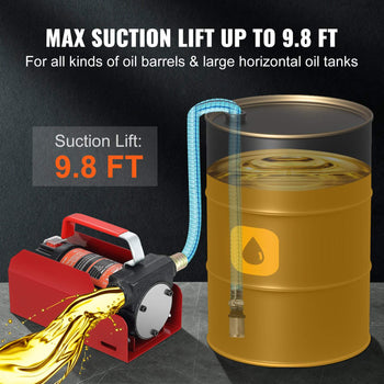Red electric oil pump with blue hose, max suction lift 9.8 ft, designed for oil barrels and large horizontal tanks.