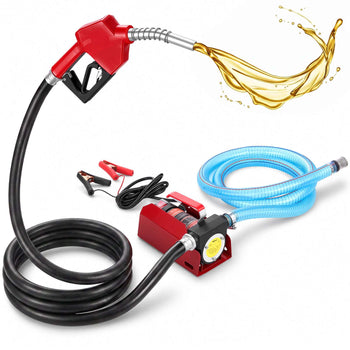 Red electric fuel pump kit with black flexible hose and clear blue discharge pipe, ideal for easy fuel transfer.