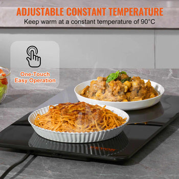 Adjustable electric food warmer in black with a white ceramic dish, keeping meals at 90°C for easy serving.