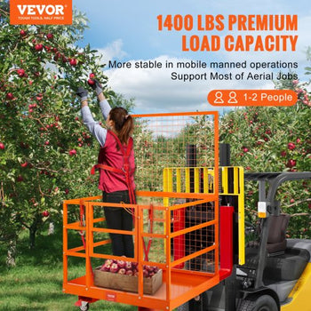 Forklift Safety Cage, 1400lbs Load Capacity, 43'' x 45'' Forklift Work Platform with Safety Harness & Lock, Drain Hole & Wheels & Tool Basket, Dual Nonslip Design Perfect for Aerial Work
