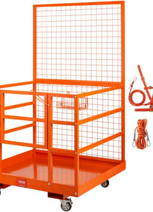 Forklift Safety Cage, 1400lbs Load Capacity, 43'' x 45'' Forklift Work Platform with Safety Harness & Lock, Drain Hole & Wheels & Tool Basket, Dual Nonslip Design Perfect for Aerial Work
