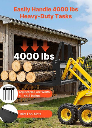 Pallet Fork Frame Attachment with 48-inch Skid Steer Pallet Forks 4000 lbs