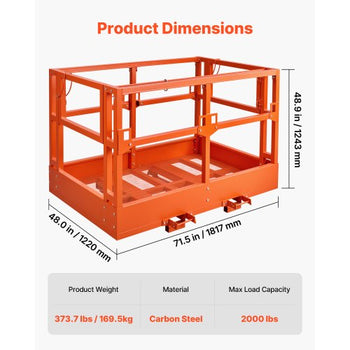Mesh Telehandler Work Platform, 48 x 73.9 Inch, Man Safety Basket, 2000 lbs Capacity, Forklift Telehandler Attachment, Safety Cage, Heavy Duty Carbon Steel, for Most Aerial Jobs Lifting Loader