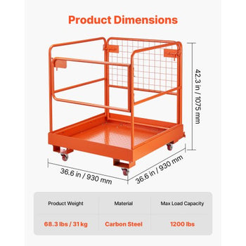 Forklift Safety Cage, 36.6 x 36.6 Inch, Forklift Man Basket with 4 Wheels, 1200 lbs Capacity, Heavy Duty Work Platform, Collapsible Lift Basket Safety Set, for Most Aerial Jobs Lifting Loader