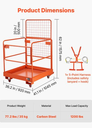 Forklift Safety Cage, 36.2 x 41.1 Inch, Forklift Man Basket with 4 Wheels, 1200 lbs Capacity, Heavy Duty Work Platform Collapsible Lift Basket, Safety Harness, for Aerial Work Lifting Loader