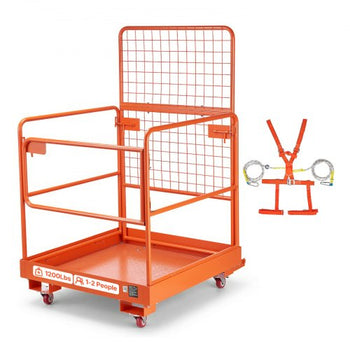 Forklift Safety Cage, 36.2 x 41.1 Inch, Forklift Man Basket with 4 Wheels, 1200 lbs Capacity, Heavy Duty Work Platform Collapsible Lift Basket, Safety Harness, for Aerial Work Lifting Loader