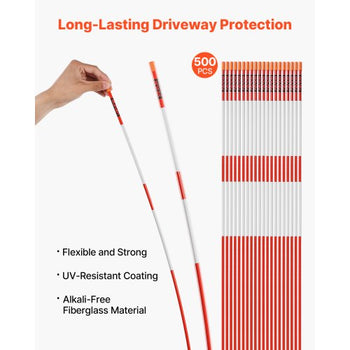 Driveway Markers, 500Pcs 48 in Long 1/4 in Dia, Hi-Visibility Driveway Reflectors with 12 in Steel Drill Bits, Reflective Snow Sticks Fiberglass Pole for Parking Lots, Walkways, Snow Plowing