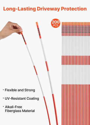 Driveway Markers, 200Pcs 48 in Long 1/4 in Dia, Hi-Visibility Driveway Reflectors with 12 in Steel Drill Bits, Reflective Snow Sticks Fiberglass Pole for Parking Lots, Walkways, Snow Plowing