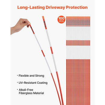 Driveway Markers, 100Pcs 72 in Long 5/16 in Dia, Hi-Visibility Driveway Reflectors with 12 in Steel Drill Bits, Reflective Snow Sticks Fiberglass Pole for Parking Lots, Walkways, Snow Plowing