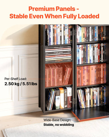 Media Storage Cabinet, 4-Tier DVD Shelf Organizer, 24.02 x 14.49 x 33.31 in Multimedia Storage Organizer for CDs, DVDs, Books, Games, CD Shelf for Living Room, Home Office, Recording Room, Black