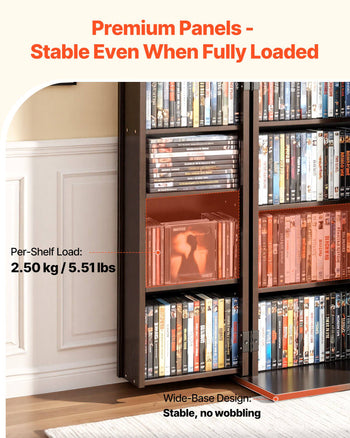 Media Storage Cabinet, 4-Tier DVD Shelf Organizer, 24.02 x 14.49 x 33.31 in Multimedia Storage Organizer for CDs, DVDs, Books, Games, CD Shelf for Living Room, Home Office, Recording Room, Brown