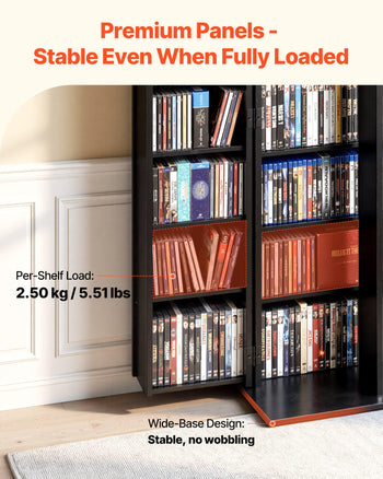 Media Storage Cabinet, 6-Tier DVD Shelf Organizer, 24.02 x 14.49 x 50 in Multimedia Storage Organizer for CDs, DVDs, Books, Games, CD Shelf for Living Room, Home Office, Recording Room, Black