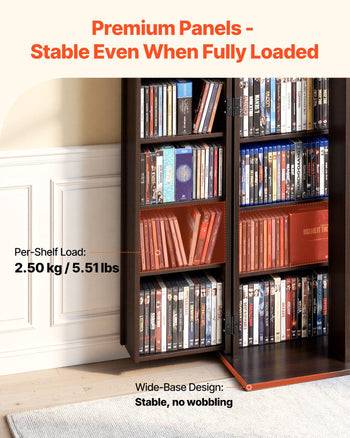 Media Storage Cabinet, 6-Tier DVD Shelf Organizer, 24.02 x 14.49 x 50 in Multimedia Storage Organizer for CDs, DVDs, Books, Games, CD Shelf for Living Room, Home Office, Recording Room, Brown