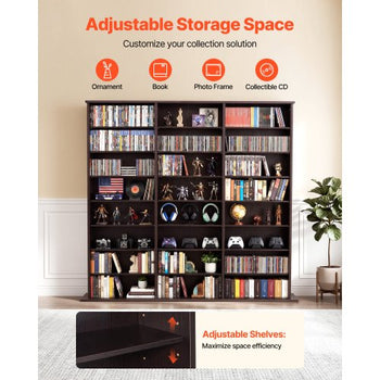 Media Storage Cabinet, 8-Tier DVD Shelf Organizer, 55.91 x 8.66 x 51.18 in Multimedia Storage Organizer for CDs, DVDs, Books & Games, CD Shelf for Living Room, Home Office, Recording Room, Brown