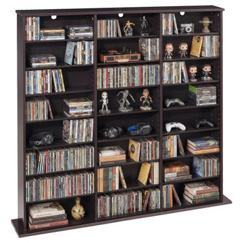 Media Storage Cabinet, 8-Tier DVD Shelf Organizer, 55.91 x 8.66 x 51.18 in Multimedia Storage Organizer for CDs, DVDs, Books & Games, CD Shelf for Living Room, Home Office, Recording Room, Brown