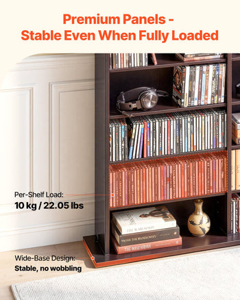 Media Storage Cabinet, 8-Tier DVD Shelf Organizer, 55.91 x 8.66 x 51.18 in Multimedia Storage Organizer for CDs, DVDs, Books & Games, CD Shelf for Living Room, Home Office, Recording Room, Brown