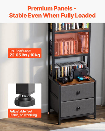 Media Storage Cabinet, 4-Shelf DVD Shelf Organizer with Drawers, 15.75 x 11.81 x 56.50 in Multimedia Storage Organizer for CDs, DVDs, Books and Games, CD Cabinet for Living Room, Home Office
