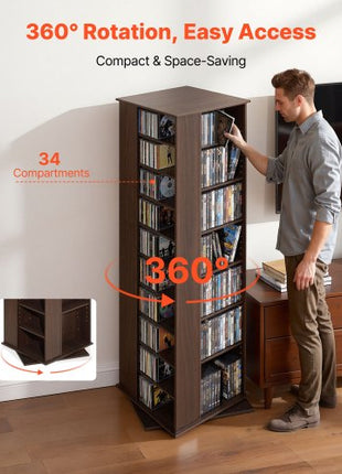 Media Storage Cabinet, CD Rack Tower, 34 Compartments Rotating Media Tower Rack for CDs, DVDs, Books and Game Discs, DVD Stand for Living Room, Home Office and Recording Room, Brown