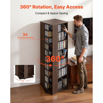 Media Storage Cabinet, CD Rack Tower, 34 Compartments Rotating Media Tower Rack for CDs, DVDs, Books and Game Discs, DVD Stand for Living Room, Home Office and Recording Room, Brown