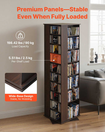 Media Storage Cabinet, CD Rack Tower, 34 Compartments Rotating Media Tower Rack for CDs, DVDs, Books and Game Discs, DVD Stand for Living Room, Home Office and Recording Room, Brown