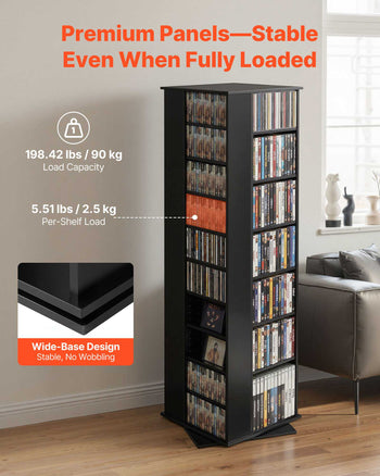 Media Storage Cabinet, CD Rack Tower, 34 Compartments Rotating Media Tower Rack for CDs, DVDs, Books and Game Discs, DVD Stand for Living Room, Home Office and Recording Room, Black