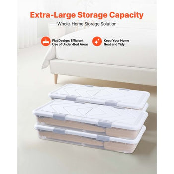 Under Bed Storage with Wheels, 31.7 x 15.6 x 6.9 inch Underbed Containers, Underbed Shoes Organizer with Lid & Gray Latch, Rolling Under the Bed Storage Bins for Clothes Shoes Blankets, 4 Pack