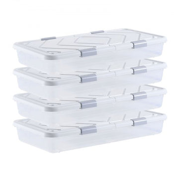 Under Bed Storage with Wheels, 31.7 x 15.6 x 6.9 inch Underbed Containers, Underbed Shoes Organizer with Lid & Gray Latch, Rolling Under the Bed Storage Bins for Clothes Shoes Blankets, 4 Pack