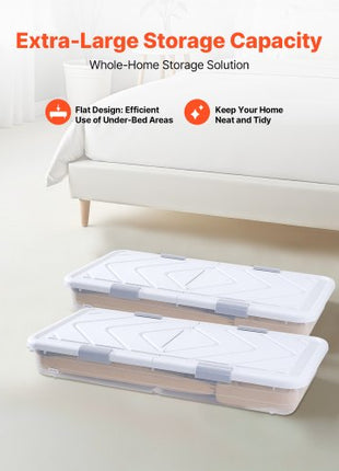 Under Bed Storage with Wheels, 39.8 x 20.1 x 5.9 inch Underbed Containers, Underbed Shoes Organizer with Lid & Gray Latch, Rolling Under the Bed Storage Bins for Clothes Shoes Blankets, 2 Pack