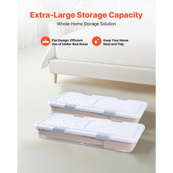 Under Bed Storage with Wheels, 39.8 x 20.1 x 5.9 inch Underbed Containers, Underbed Shoes Organizer with Lid & Gray Latch, Rolling Under the Bed Storage Bins for Clothes Shoes Blankets, 2 Pack