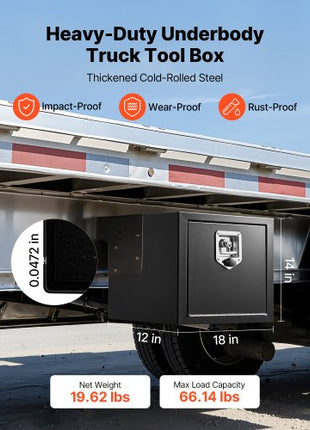 Underbody Truck Tool Box, 18 x 12 x 14 Inch Heavy Duty Steel Trailer Storage Box with Lock & Keys, Waterproof Trailer Storage Organizer Under Body Chest with T-Handle for Truck, Van, SUV, Black