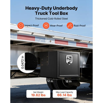 Underbody Truck Tool Box, 18 x 12 x 14 Inch Heavy Duty Steel Trailer Storage Box with Lock & Keys, Waterproof Trailer Storage Organizer Under Body Chest with T-Handle for Truck, Van, SUV, Black