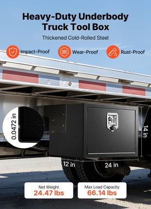 Underbody Truck Tool Box, 24 x 12 x 14 Inch Heavy Duty Steel Trailer Storage Box with Lock & Keys, Waterproof Trailer Storage Organizer Under Body Chest with T-Handle for Truck, Van, SUV, Black