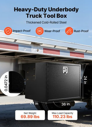 Underbody Truck Tool Box, 36 x 24 x 24 Inch Heavy Duty Steel Trailer Storage Box with Lock & Keys, Waterproof Trailer Storage Organizer Under Body Chest with T-Handle for Truck, Van, SUV, Black