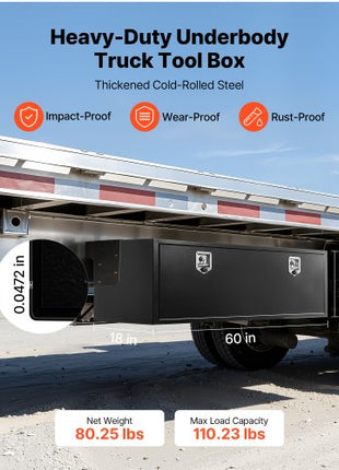 Underbody Truck Tool Box, 60 x 18 x 18 Inch Heavy Duty Steel Trailer Storage Box with Lock & Keys, Waterproof Trailer Storage Organizer Under Body Chest with T-Handle for Truck, Van, SUV, Black