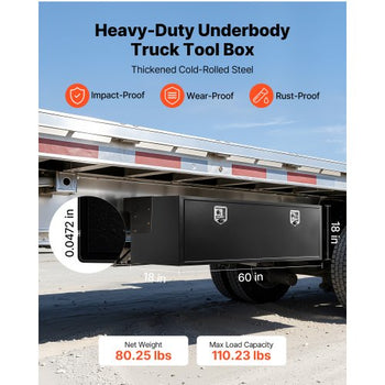 Underbody Truck Tool Box, 60 x 18 x 18 Inch Heavy Duty Steel Trailer Storage Box with Lock & Keys, Waterproof Trailer Storage Organizer Under Body Chest with T-Handle for Truck, Van, SUV, Black