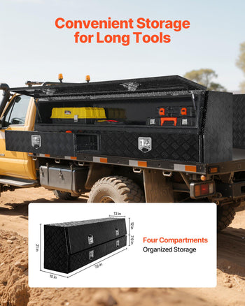 Contractor Truck Tool Box, 72 x 21 x 13 in, Black Tread Aluminum TopSider Toolbox with Two Lower Drawers, Flip Up Door, Weather-Resistant Heavy Duty Storage Box with Latch, for Truck Bed Pickup