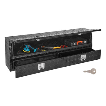 Contractor Truck Tool Box, 72 x 21 x 13 in, Black Tread Aluminum TopSider Toolbox with Two Lower Drawers, Flip Up Door, Weather-Resistant Heavy Duty Storage Box with Latch, for Truck Bed Pickup