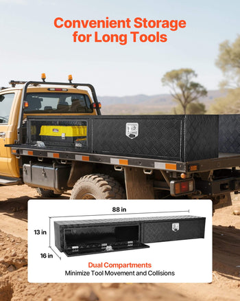 Truck Tool Box, 88 x 16 x 13 Inch, Black Aluminum Tread Topsider Toolbox with Dual Drop Doors, Heavy Duty Lockable Storage and Organization Box with Latch, Corrosion-Resistant, for Truck Bed