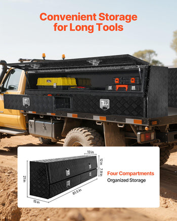 Contractor Truck Tool Box, 81.5 x 21 x 13 in, Black Tread Aluminum TopSider Toolbox with Two Lower Drawers, Flip Up Door, Weather-Resistant Heavy Duty Storage Box, with Latch, for Truck Bed
