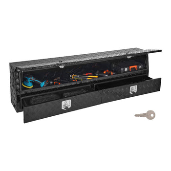 Contractor Truck Tool Box, 81.5 x 21 x 13 in, Black Tread Aluminum TopSider Toolbox with Two Lower Drawers, Flip Up Door, Weather-Resistant Heavy Duty Storage Box, with Latch, for Truck Bed