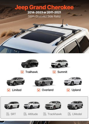 Roof Rack Cross Bars, Fits Jeep Grand Cherokee 2011-2021 (With Grooved Side Rails), 200 LBS Capacity, Lockable Heavy Duty Aluminum Crossbar Racks Roof Rail Rooftop Luggage Canoe