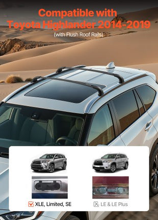 Cross Bars Roof Racks, 165lbs Capacity, Compatible with Toyota Highlander 2014-2019 XLE, Limited, SE with Flush Roof Rails, Heavy Duty Aluminum Crossbar Racks Roof Rail Rooftop Luggage Canoe