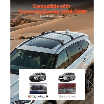 Cross Bars Roof Racks, 165lbs Capacity, Compatible with Toyota Highlander 2014-2019 XLE, Limited, SE with Flush Roof Rails, Heavy Duty Aluminum Crossbar Racks Roof Rail Rooftop Luggage Canoe