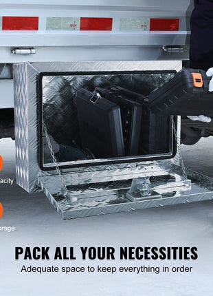 Stainless steel truck toolbox with mirror finish, large capacity for organized storage of tools and accessories.