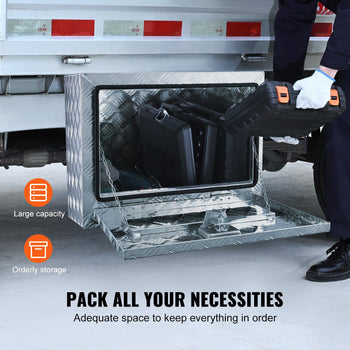 Stainless steel truck toolbox with mirror finish, large capacity for organized storage of tools and accessories.