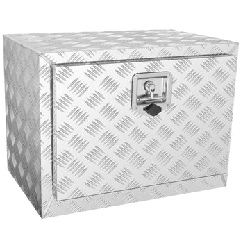 Silver diamond plate metal storage box with secure latch and lock, ideal for outdoor or garage use.