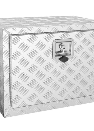 Silver diamond plate storage chest with secure latch, perfect for organizing tools and outdoor equipment.