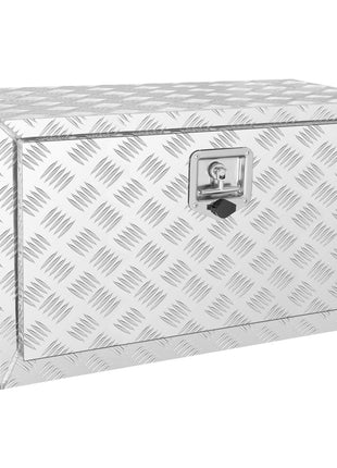 Silver aluminum diamond plate storage chest with a secure latch and key, ideal for outdoor use or tool storage.
